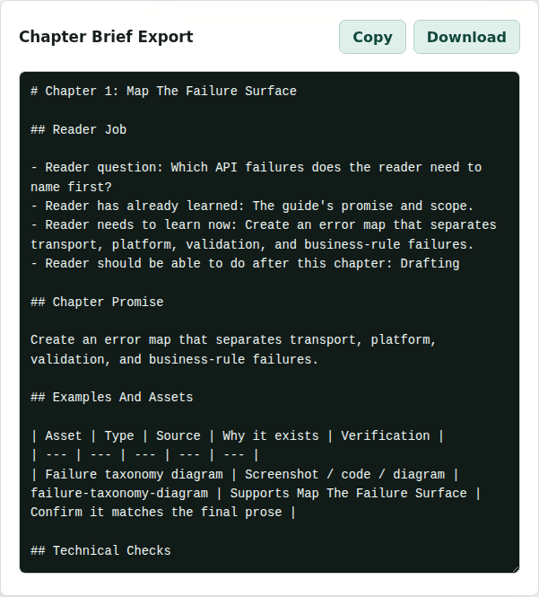 Chapter brief cards and markdown export for a technical guide