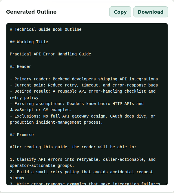 Outline builder with generated markdown outline for a technical guide