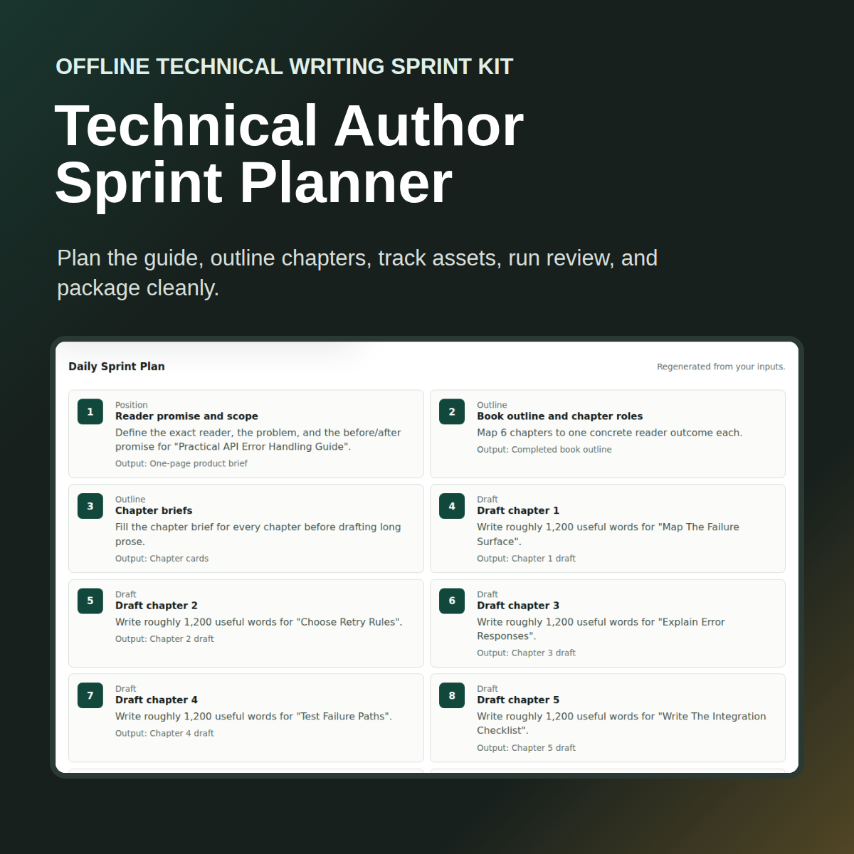 Technical Author Sprint Planner cover artwork showing the actual offline planner dashboard